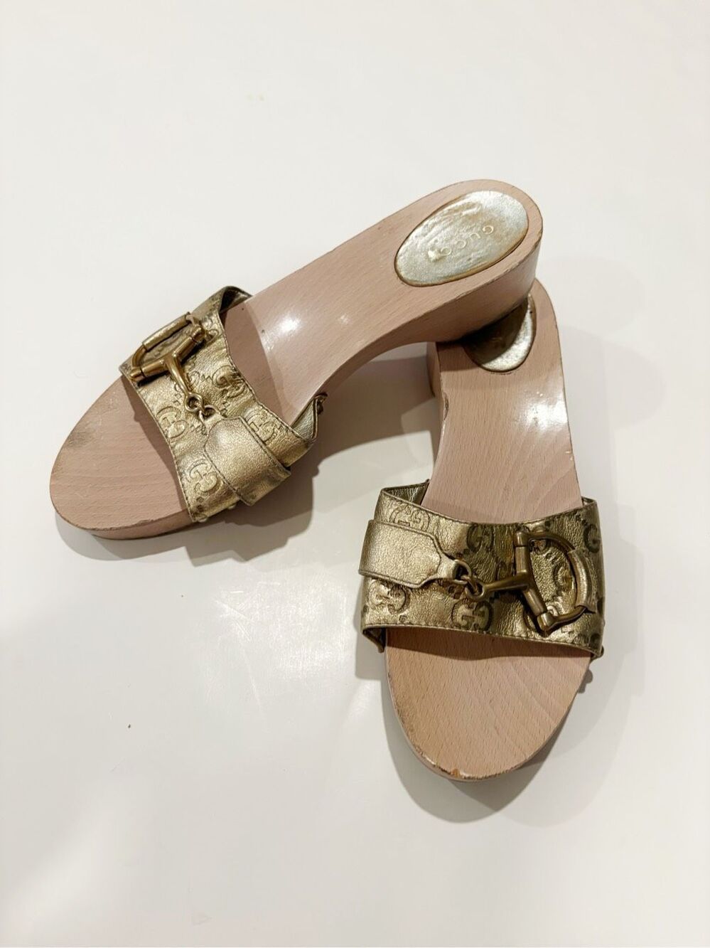 Gucci Metallic Guccissima 'Icon Bit' Wooden Clog Slides Size 8.5